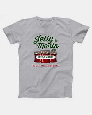Jelly of the Month Club t-shirt in Athletic Heather, flat lay on grey