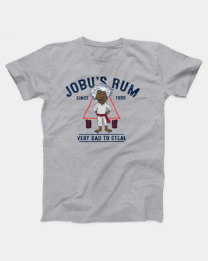 Jobu's Rum T-Shirt, flat lay on grey