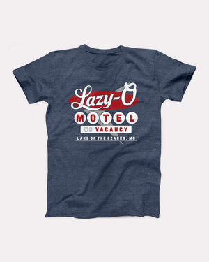 Lazy-O Motel T-Shirt, flat lay on grey
