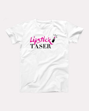 Lipstick Taser T-Shirt, flat lay on grey
