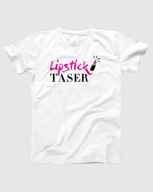 Lipstick Taser T-Shirt, flat lay on grey