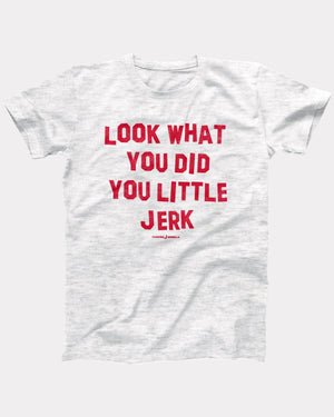Look What You Did You Little Jerk Ugly Sweater, flat lay on grey