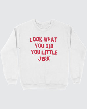 Look What You Did You Little Jerk hoodie in White, flat lay on grey