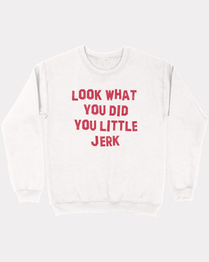 Look What You Did You Little Jerk hoodie in White, flat lay on grey