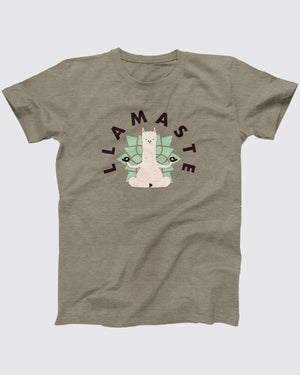Llamaste t-shirt in Heather Stone, flat lay on grey
