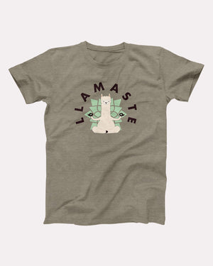 Llamaste t-shirt in Heather Stone, flat lay on grey