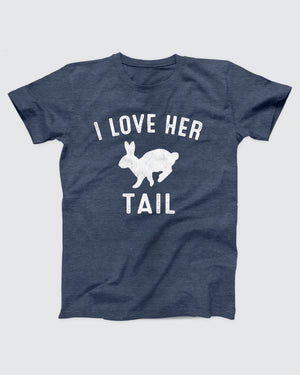 I Love Her Tail t-shirt in Heather Navy, flat lay on grey