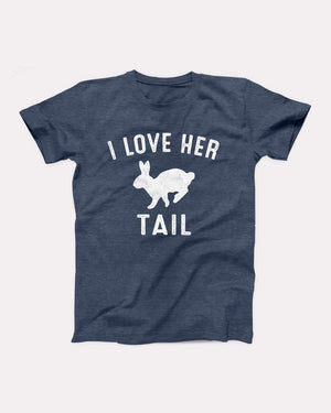 I Love Her Tail t-shirt in Heather Navy, flat lay on grey