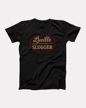 Lucille Slugger T-Shirt, flat lay on grey