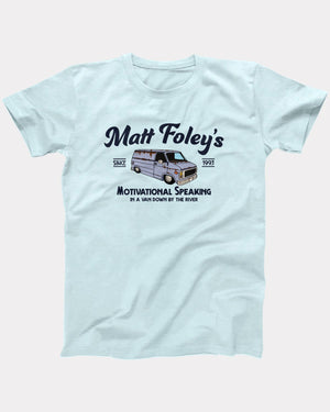 Matt Foley's Motivational Speaking T-Shirt, flat lay on grey