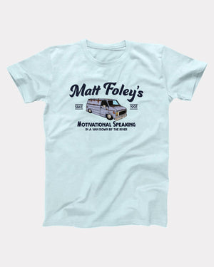 Matt Foley's Motivational Speaking T-Shirt, flat lay on grey