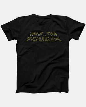May the 4th Be With You t-shirt in Black, flat lay on grey