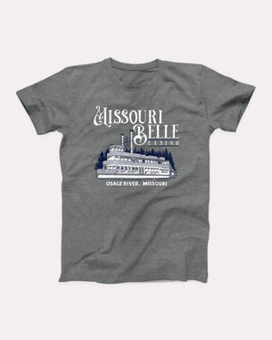 Missouri Belle Casino T-Shirt, flat lay on grey