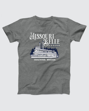 Missouri Belle Casino T-Shirt, flat lay on grey