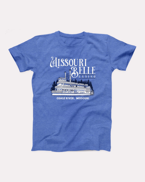 Missouri Belle Casino T-Shirt, flat lay, Heather Columbia Blue