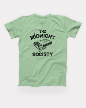 The Midnight Society T-Shirt in Mint, flat lay on grey