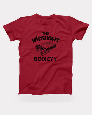 The Midnight Society T-Shirt in Red, flat lay on grey