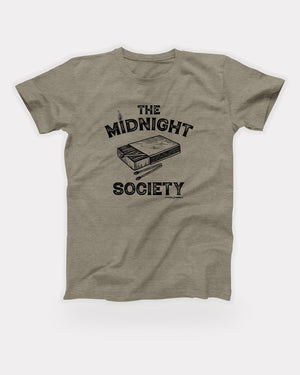 The Midnight Society T-Shirt in Heather Stone, flat lay on grey