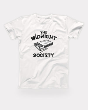 The Midnight Society T-Shirt in White, flat lay on grey