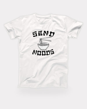 Send Noods T-Shirt in White, flat lay on grey