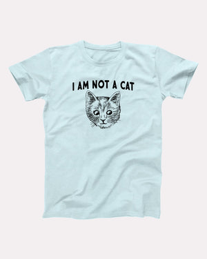 I Am Not A Cat t-shirt in Heather Ice Blue, flat lay on grey