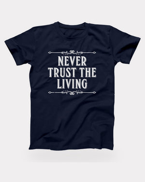 Never Trust the Living T-Shirt in Navy, flat lay on grey