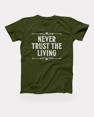 Never Trust the Living T-Shirt in Olive, flat lay on grey