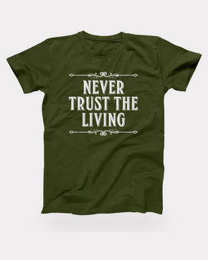 Never Trust the Living T-Shirt in Olive, flat lay on grey
