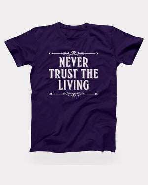 Never Trust the Living T-Shirt in Team Purple, flat lay on grey