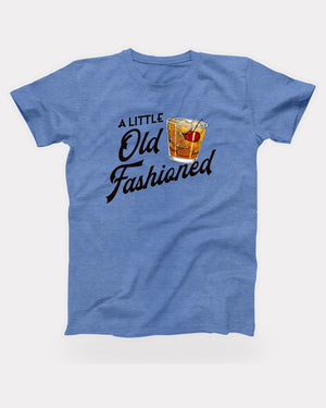 Call Me Old Fashioned T-Shirt in Heather Columbia Blue, flat lay on grey