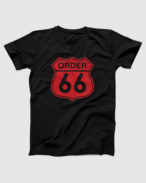Order 66 t-shirt in Black, flat lay on grey