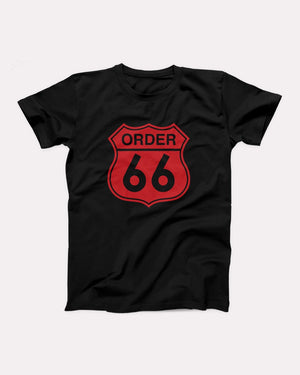 Order 66 t-shirt in Black, flat lay on grey