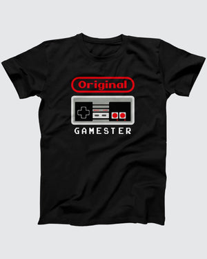 Original Gamester t-shirt in Black, flat lay on grey