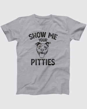 Show Me Your Pitties t-shirt in Athletic Heather, flat lay on grey