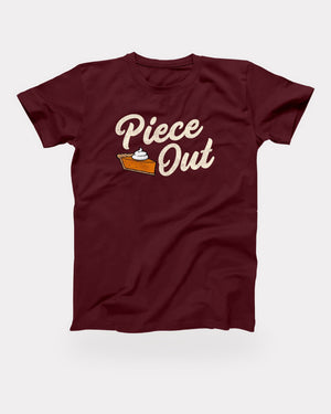 Piece Out T-Shirt in Maroon, flat lay on grey