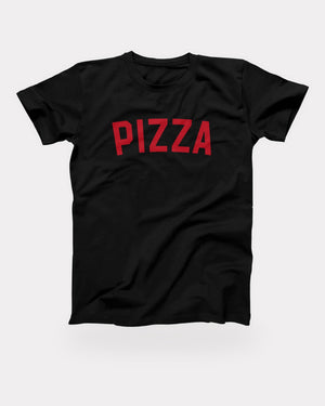 Pizza T-Shirt in Black, flat lay on grey