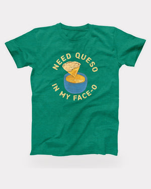 Need Queso In My Face-O T-Shirt in Heather Kelly, flat lay on grey