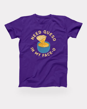 Need Queso In My Face-O T-Shirt in Team Purple, flat lay on grey