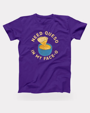 Need Queso In My Face-O T-Shirt in Team Purple, flat lay on grey
