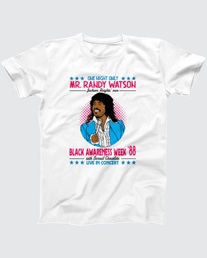 Randy Watson Sexual Chocolate T-Shirt, flat lay on grey