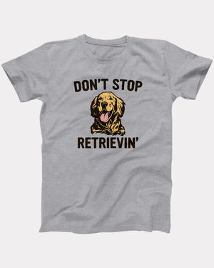 Don't Stop Retrievin' t-shirt in Athletic Heather, flat lay on grey
