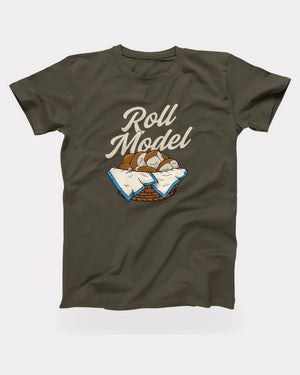Roll Model T-Shirt in Army, flat lay on grey