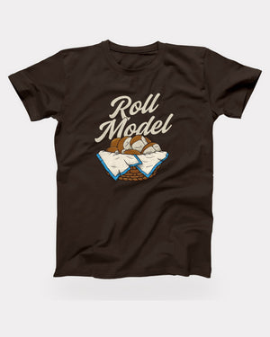 Roll Model T-Shirt in Brown, flat lay on grey