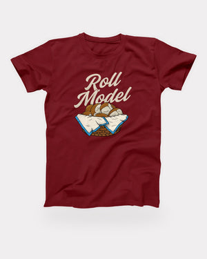 Roll Model T-Shirt in Cardinal, flat lay on grey