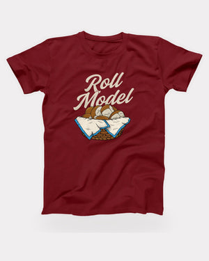 Roll Model T-Shirt in Cardinal, flat lay on grey