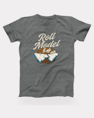 Roll Model T-Shirt in Deep Heather, flat lay on grey