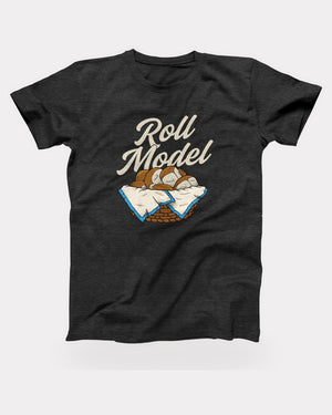 Roll Model T-Shirt in Dark Grey Heather, flat lay on grey