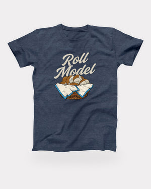 Roll Model T-Shirt in Heather Navy, flat lay on grey