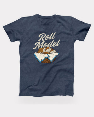 Roll Model T-Shirt in Heather Navy, flat lay on grey