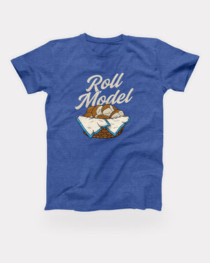 Roll Model T-Shirt in Heather True Royal, flat lay on grey